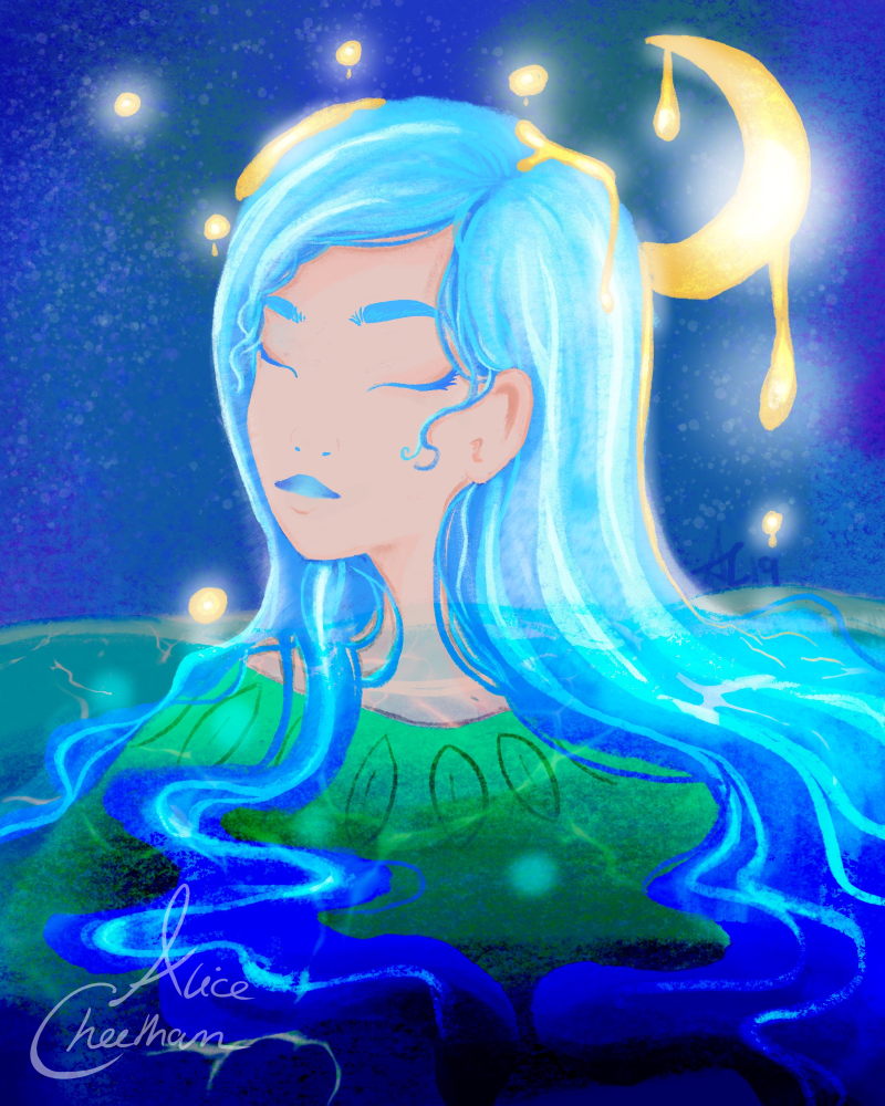 moon, crescent moon, drop, dripping, blue hair, water, flow, emotional, natural