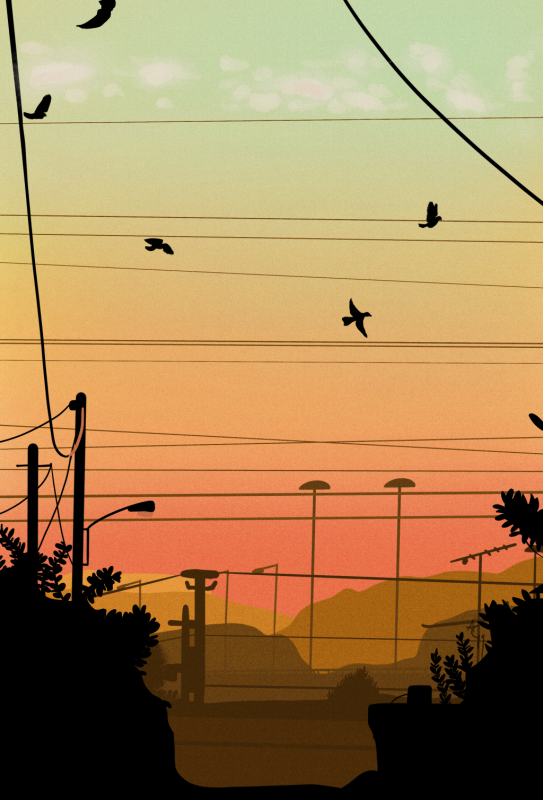 urban, landscape, digital, reference, sunset, birds flying, silhouette