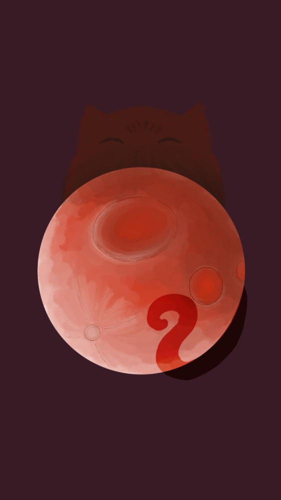 The blood moon cat. The red moon in the earths shadow with a tail wrapped around the moon. A sillhouette of a cat behind the moon.