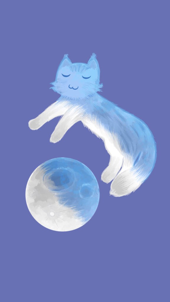 Blue moon cat. The once in a blue moon with a blue moon cat floating above the moon.