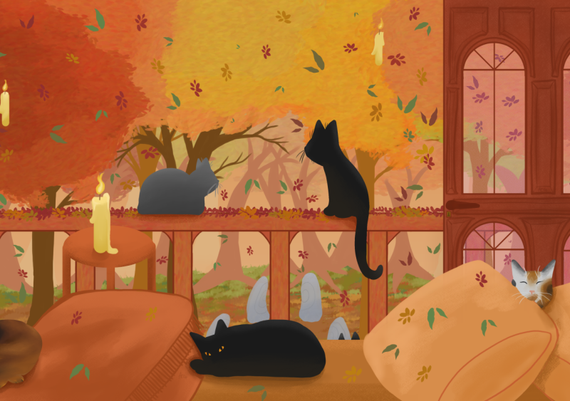 Different coloured cats. Torteriseshell cat, three black cats, a grey cat and cow patterned cat resting on a balcony in the Autumn/Fall. Lots of falling leaves and floating candles.