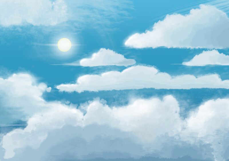Digital painting of the daytime sky with fluffy clouds. Lush blue skies.