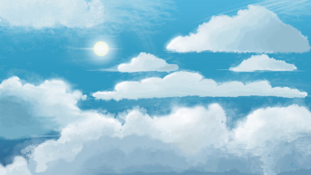 Digital painting of the daytime sky with fluffy clouds. Lush blue skies.
