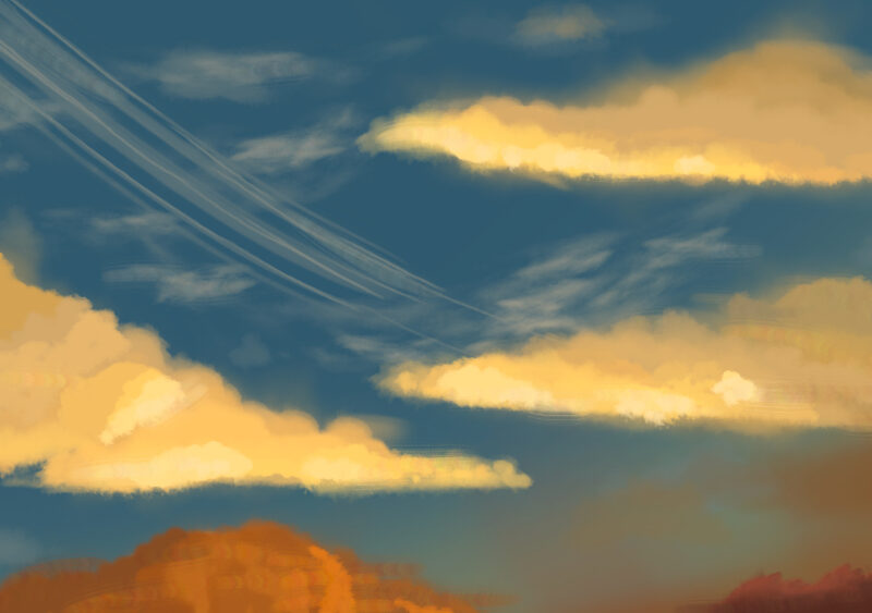 The sun is setting and dusk is settling with bright clouds before the sun disappears. Oranges to brown to a dark blue.