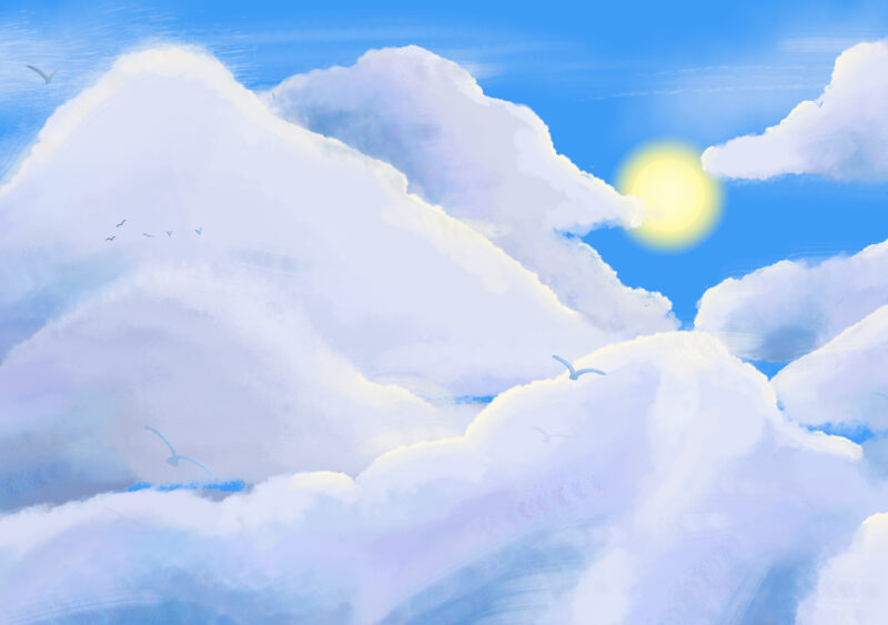 Midday with a pillar like clouds hidding rainy grey below. Some birds can be seen flying low and high up.