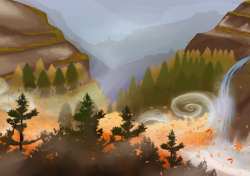 Autumn mountains landscape, evergreens and orange trees shedding their leaves. The wind swirls and picks up the fallen leaves on a journey. A wispy waterfall coming off the mountainside flows into the valley below.