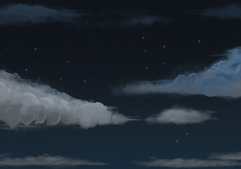 The quiet of night with the starlit and moonlight. With blues and greys set in the few clouds. Some bright stars can be seen while other barely visable.