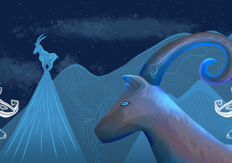 Thor's goats, Tanngrisnir and Tanngnjóstr. A close-up with one goat in the foreground. The Nordic-inspired knot artwork in white is in the theme of the artwork of goat in black. The 2nd goat is a silhouette on top of a high peak in the mid-ground.