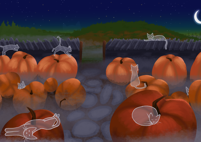 Ghost cats playing and resting in a pumpkin patch at night with a crescent moon in the night sky.