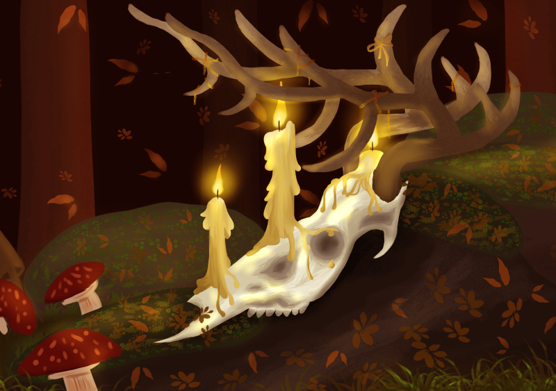 Deer skull in the forest with some candles and small offerings left by someone or something. Leaves and mushrooms are scattered on the forest floor.
