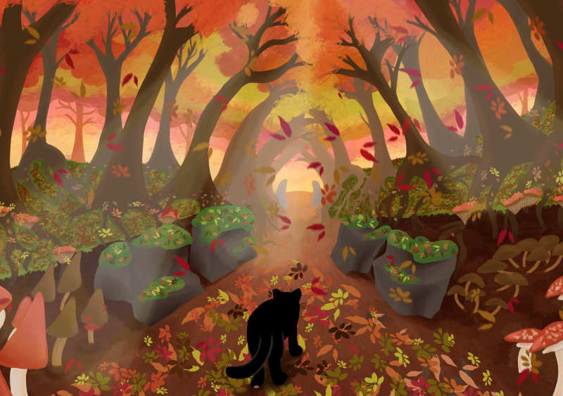 A daytime stroll through the forest, it's bright and colourful. Fallen leaves, mushrooms and moss.