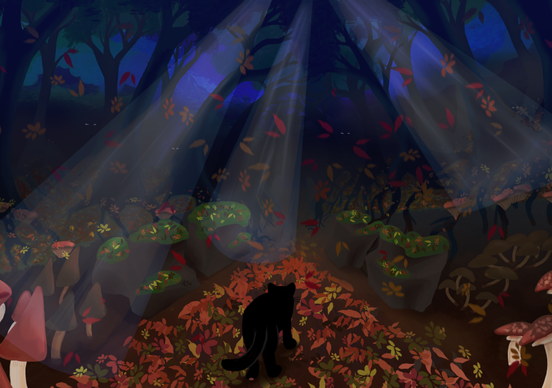 A haunted forest at night with the moonlight beams through the trees. A lone cat is walking up the path. On closer inspection, it seems that our cat friend is being watched by many eyes. But the kitty continues its journey to their destination.